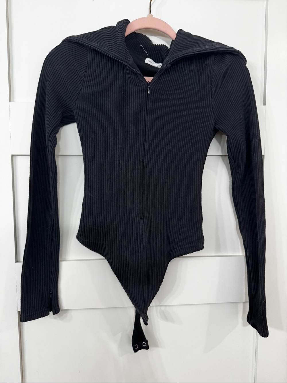 Good American Black Ribbed Long Sleeve Hooded Bodysuit